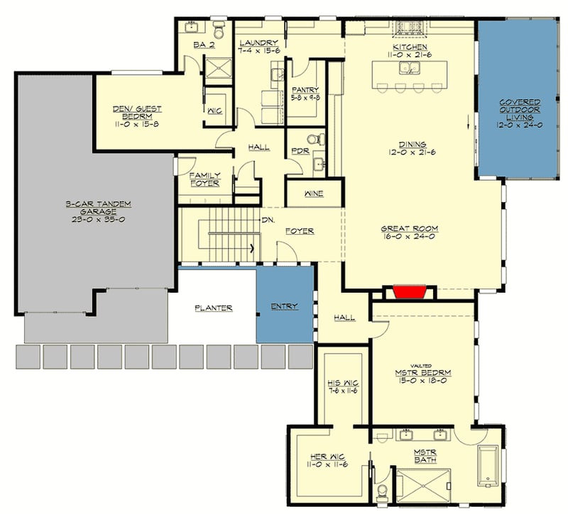 Plan 23861JD: 4-Bed Contemporary Home Plan with Main-Floor Master - Floor Plan - Main Level - Mid Century Modern, Modern, Northwest