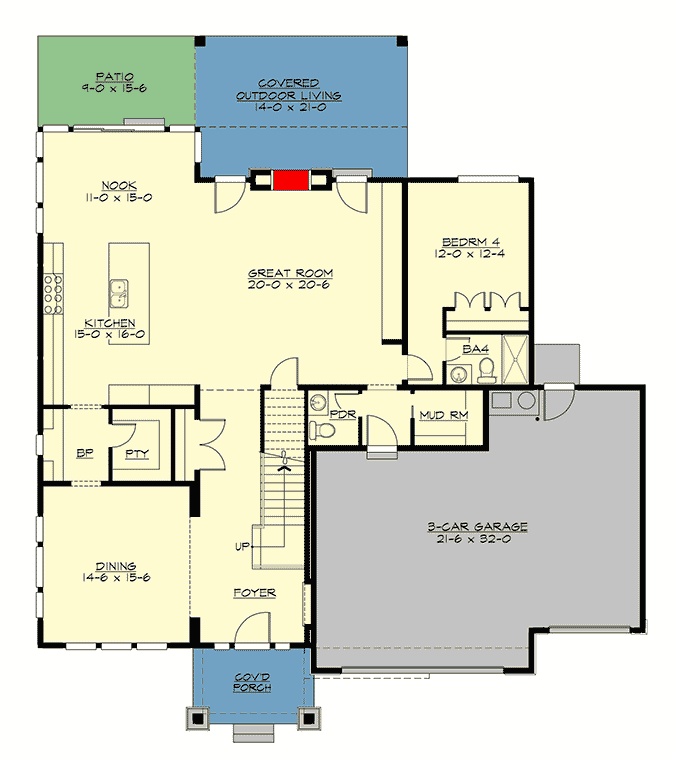 Plan 23863JD: Two-Story Modern Home Plan with Outdoor Living Room - Floor Plan - Main Level - Modern, New American, Northwest