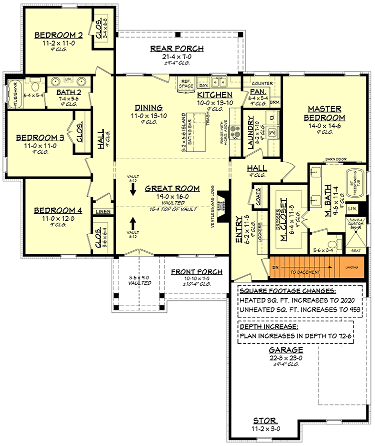 Plan 51833HZ: One-Story New American House Plan with Split Bedroom Layout - 1992 Sq Ft - Floor Plan - Basement Stairs Location - New American, Ranch, Southern
