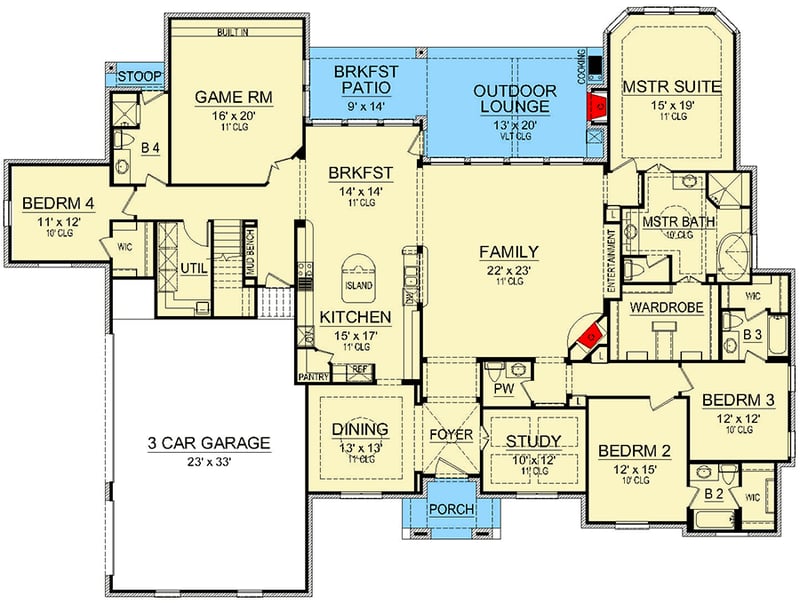 Plan 36595TX: 4-Bed European Home Plan with Upstairs Bonus Room - Floor Plan - Main Level - European, French Country