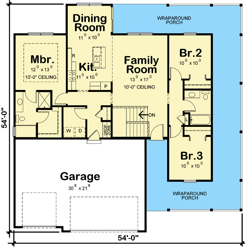Plan 42628DB: Split Bedroom One-Story House Plan with Side Wraparound Porch - 1359 Sq Ft - Floor Plan - Main Level - Country, Ranch, Traditional