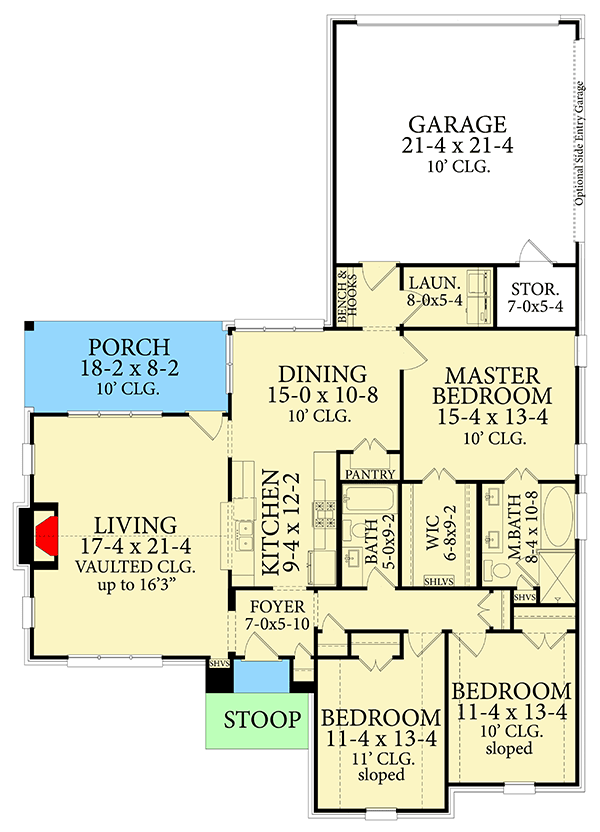 Plan 62157V: French Country Cottage with Vaulted Ceiling and Great Room - 1769 Sq Ft - Floor Plan - Main Level - Acadian, Cottage, French Country, Louisiana-Style, Southern