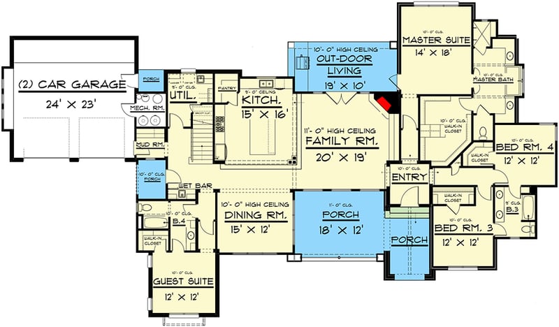 Plan 915038CHP: Exclusive New American Home Plan with Front and Rear Porches - Floor Plan - Main Level - Country, Farmhouse, New American