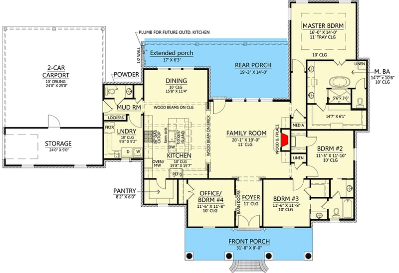 Plan 56469SM: French Country House Plan with Extended Rear Porch - 2446 Sq Ft - Floor Plan - Main Level - Acadian, European, French Country, Louisiana-Style, Southern