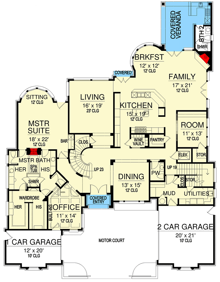 Plan 36617TX: Luxury Traditional Home Plan with Front Motor Court - Floor Plan - Main Level - European, Traditional