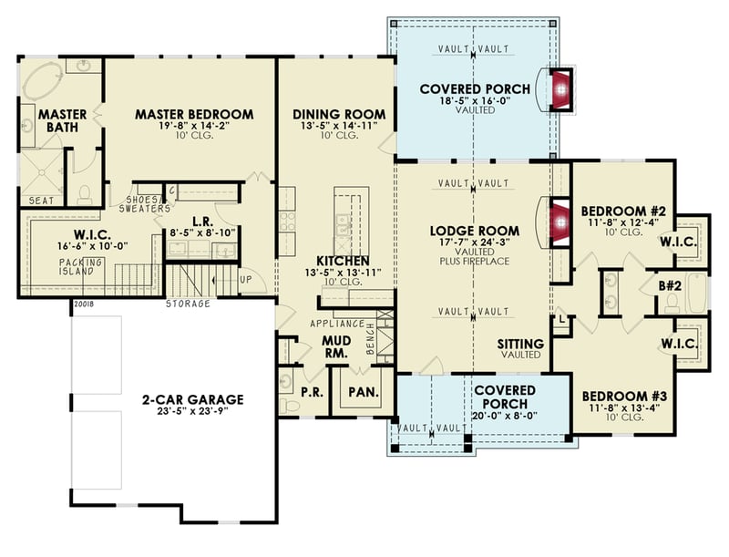 Plan 25702GE: Modern Farmhouse Plan with Optionally Finished 2nd Floor - 2389 Sq Ft - Floor Plan - Main Level - Country, Farmhouse, Modern Farmhouse, New American, Ranch, Southern, Traditional