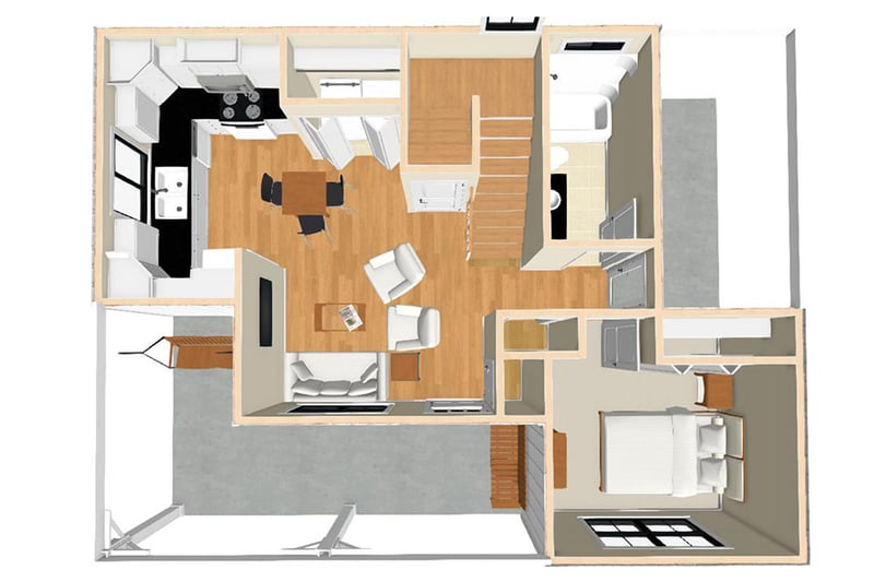 Plan 430800SNG: Quaint 2-Bed House Plan with Wrap-Around Porch - Floor Plan - 3D First Floor - Cabin, Cottage, Country, Rustic, Southern