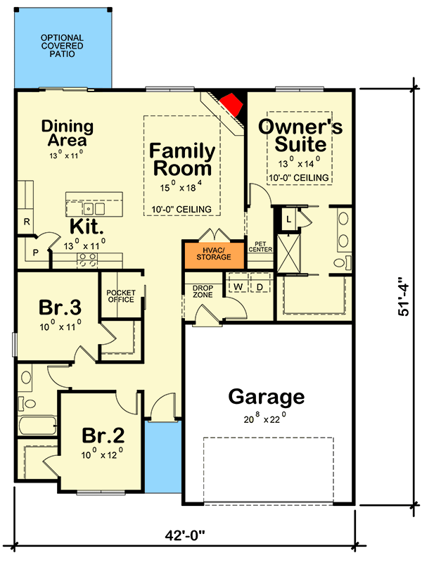 Plan 42638DB: 3-Bedroom Ranch Home Plan with Hip and Valley Roof - 1603 Sq Ft - Floor Plan - Slab Option - Prairie, Ranch