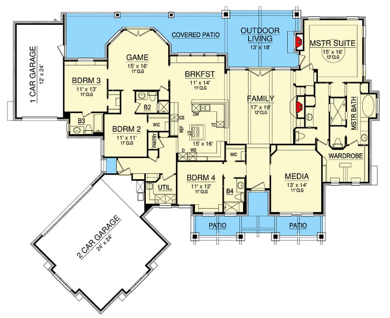 Plan 36618TX: Rugged Hill Country House Plan with Game Room - 3065 Sq Ft - Floor Plan - Main Level - European, Hill Country, Mountain, Rustic