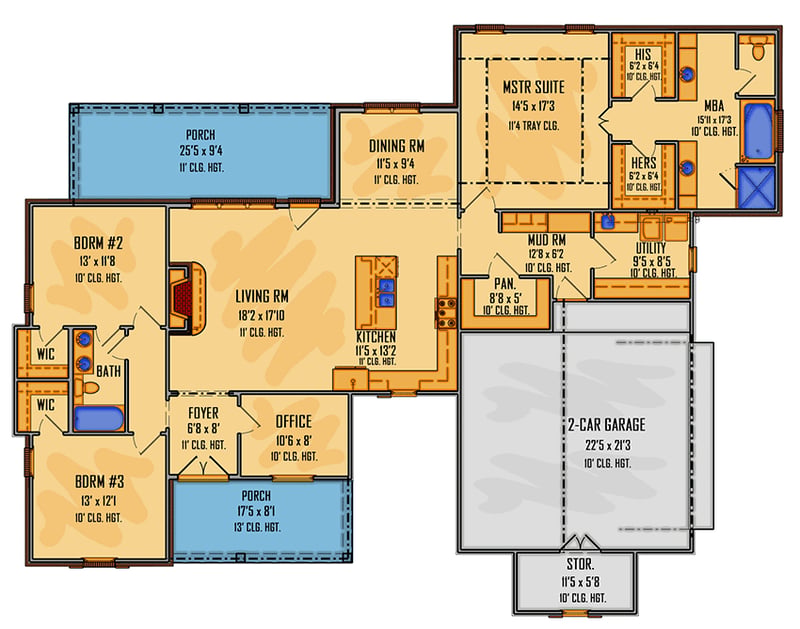 Plan 510149WDY: Exclusive One-story Modern Acadian House Plan with Split Beds - 2070 Sq Ft - Floor Plan - Main Level - Acadian, Country, Farmhouse, Louisiana-Style, Southern