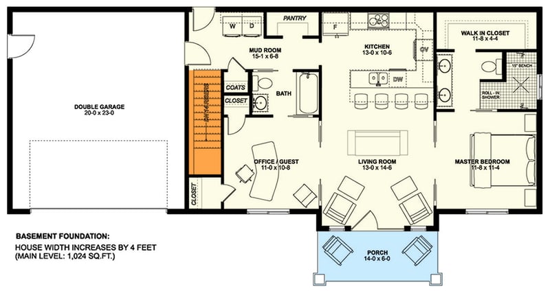 Plan 67761MG: Split Bedroom One Floor New American House Plan - 928 Sq Ft - Floor Plan - Basement Stairs Location - Country, Craftsman, New American