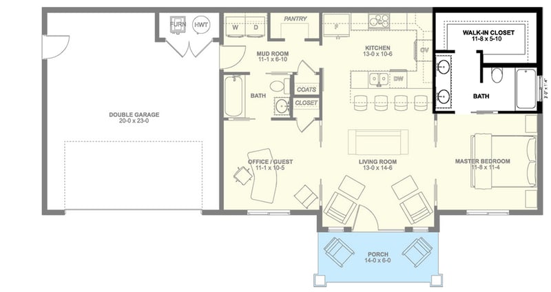Plan 67761MG: Split Bedroom One Floor New American House Plan - 928 Sq Ft - Floor Plan - Optional Bathroom Layout - Country, Craftsman, New American