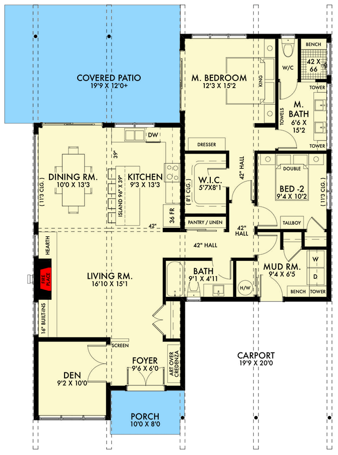 Plan 67790NWL: 2 Bed Modern House Plan with Carport - Floor Plan - Main Level - Contemporary, Mid Century Modern, Modern