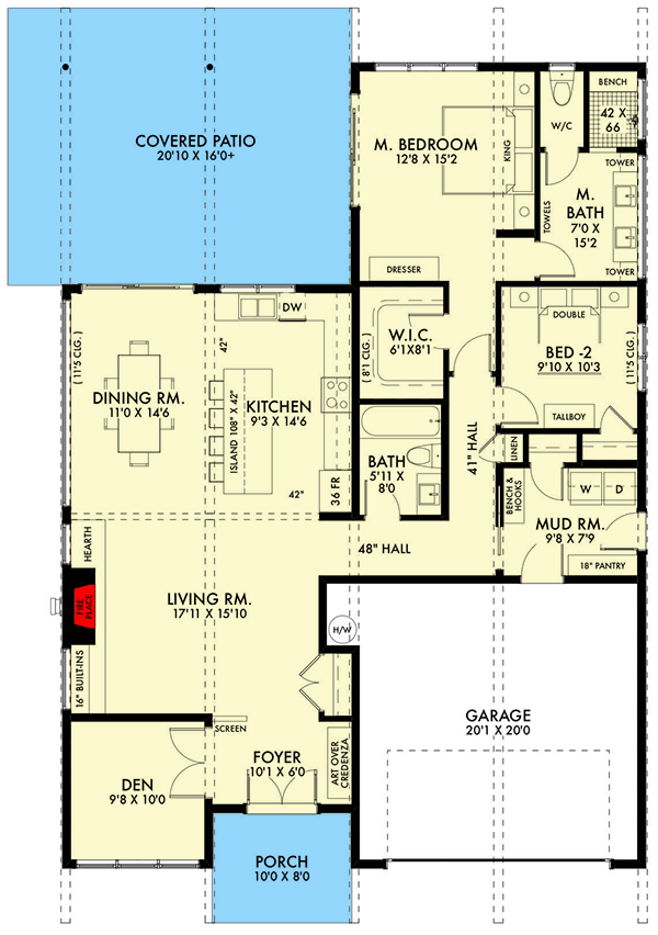 Plan 67791NWL: 2 Bed Mid-Century Modern House Plan with Attached Garage - Floor Plan - Main Level - Contemporary, Mid Century Modern, Modern
