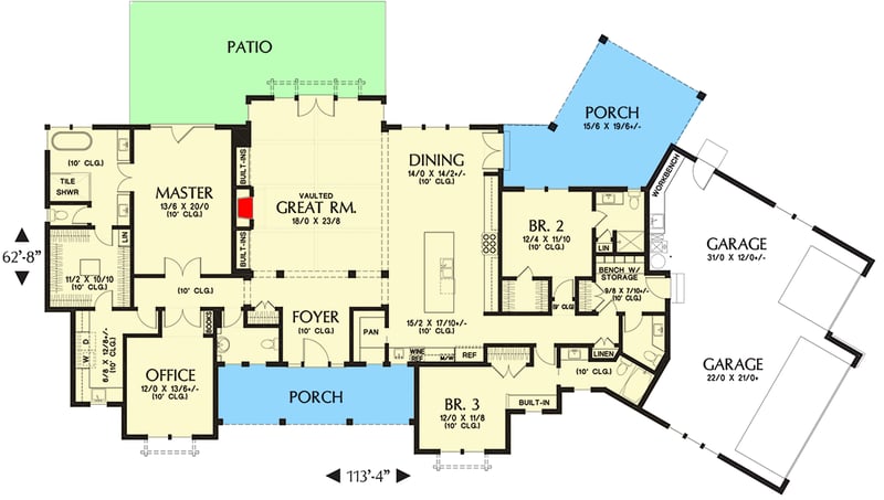 Plan 69761AM: Modern Farmhouse Plan with Angled 3-Car Garage - Floor Plan - Main Level - Country, Modern Farmhouse, New American, Northwest, Ranch, Traditional