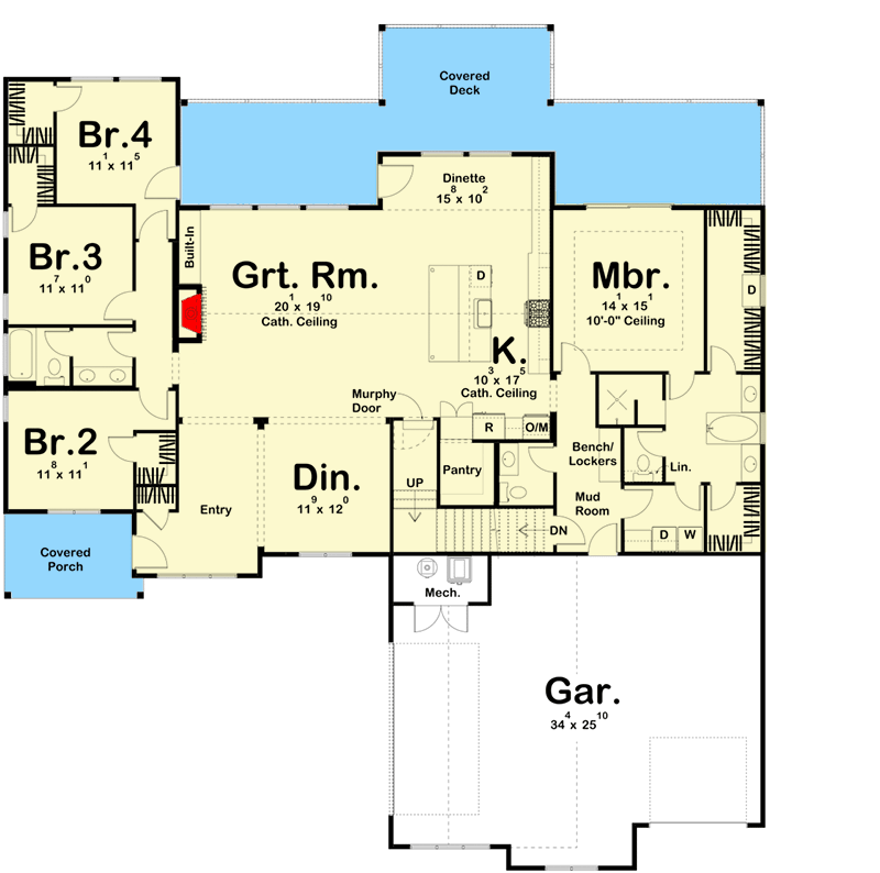 Plan 62899DJ: Rustic Craftsman Lake House Plan with Cathedral Ceiling in Great Room - 2573 Sq Ft - Floor Plan - Main Level - Coastal, Craftsman, New American, Shingle
