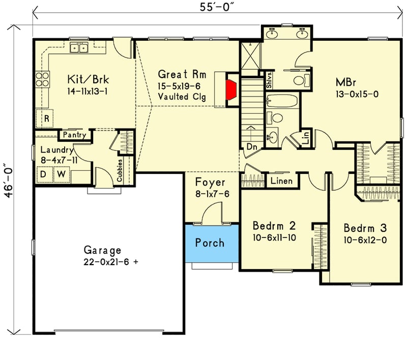 Plan 22156SL: One-Level Traditional Home Plan with Vaulted Ceiling above Great Room - Floor Plan - Main Level - Ranch, Traditional