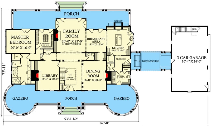 Plan 32667WP: Luxury Georgian Home Plan with Library and Bonus Room above Garage - Floor Plan - Main Level - Country, Georgian, Southern, Southern Traditional, Traditional