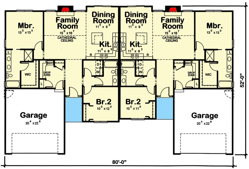 Plan 42651DB: 4 Bedroom Traditional Ranch Duplex House Plan with 4-Car Garage - Floor Plan - Main Level - Ranch, Traditional