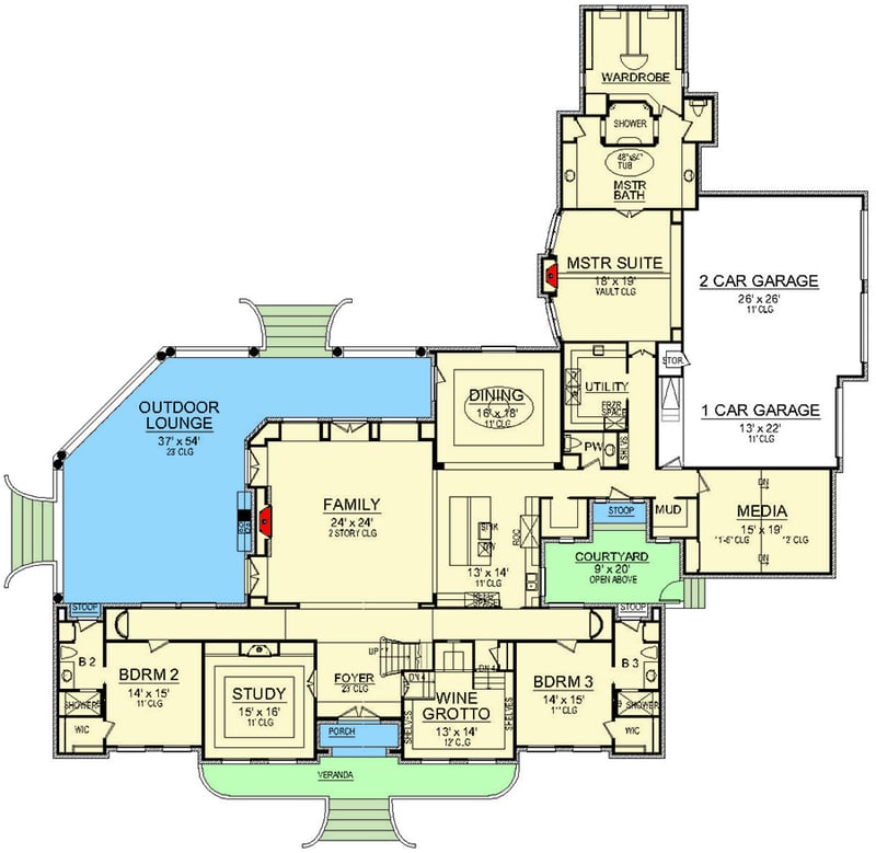 Plan 36627TX: Luxury European Home Plan with Wine Grotto - Floor Plan - Main Level - European, French Country