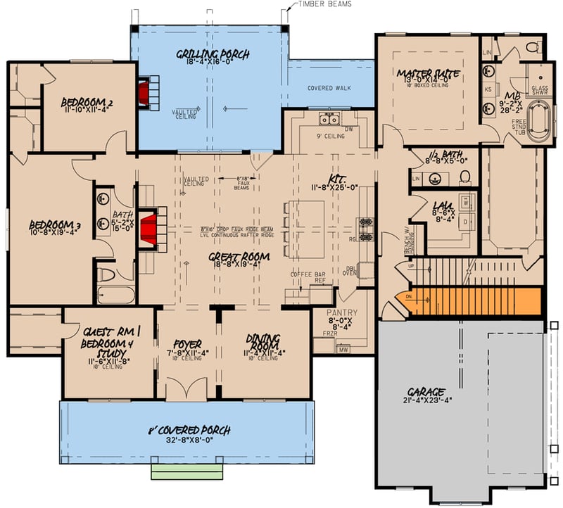 Plan 70678MK: Modern Farmhouse Plan with Three Shed Dormers and a Flex Room - 2343 Sq Ft - Floor Plan - Main Level - Basement Stair Location - Country, Modern Farmhouse, New American
