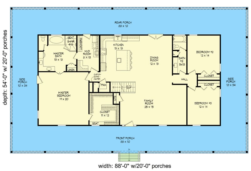 Plan 68696VR: Country Ranch House Plan for Sloped Lot - Floor Plan - Main Level - Country, Farmhouse, Ranch, Southern