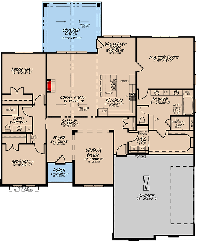 Plan 70680MK: One-level House Plan with 3 Bedrooms - Floor Plan - Main Level - Country, Craftsman, Hill Country, New American, Southern, Traditional