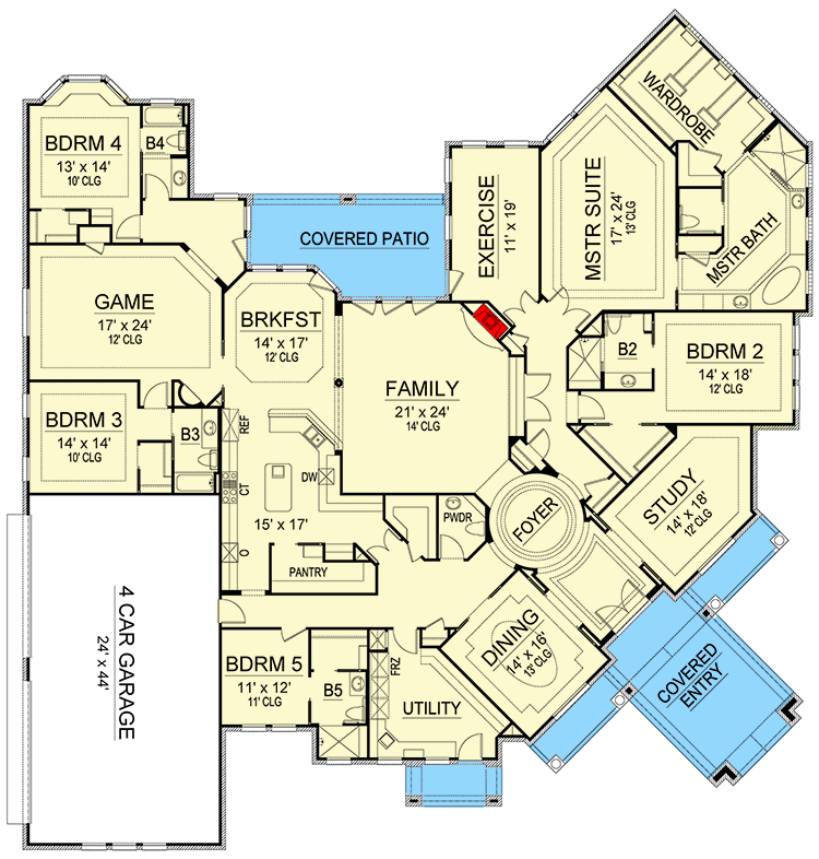Plan 36636TX: Luxury European House Plan with Exercise and Game Rooms - Floor Plan - Main Level - European, Traditional