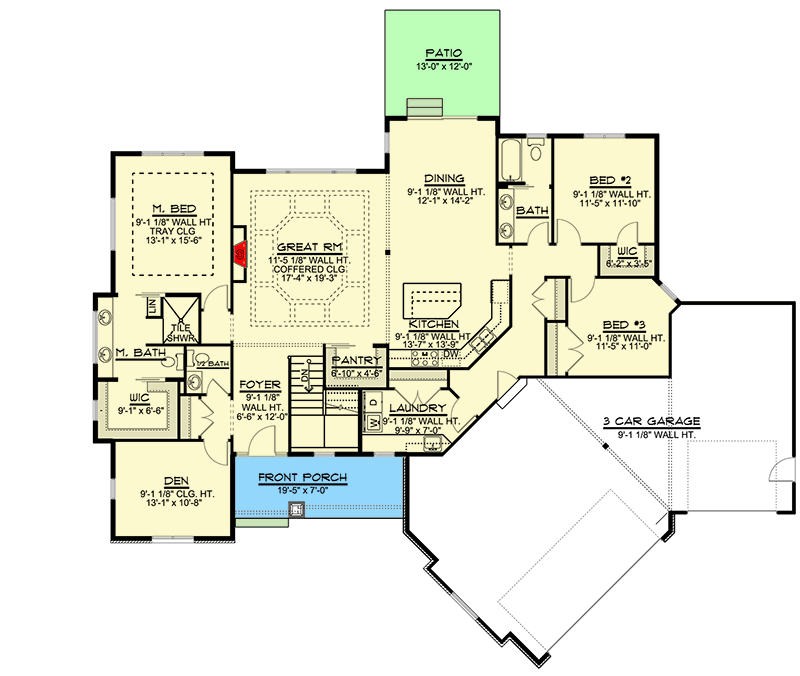Plan 135012GRA: 3-Bed Craftsman Ranch House Plan with Angled Garage - Floor Plan - Main Level - Craftsman, Ranch