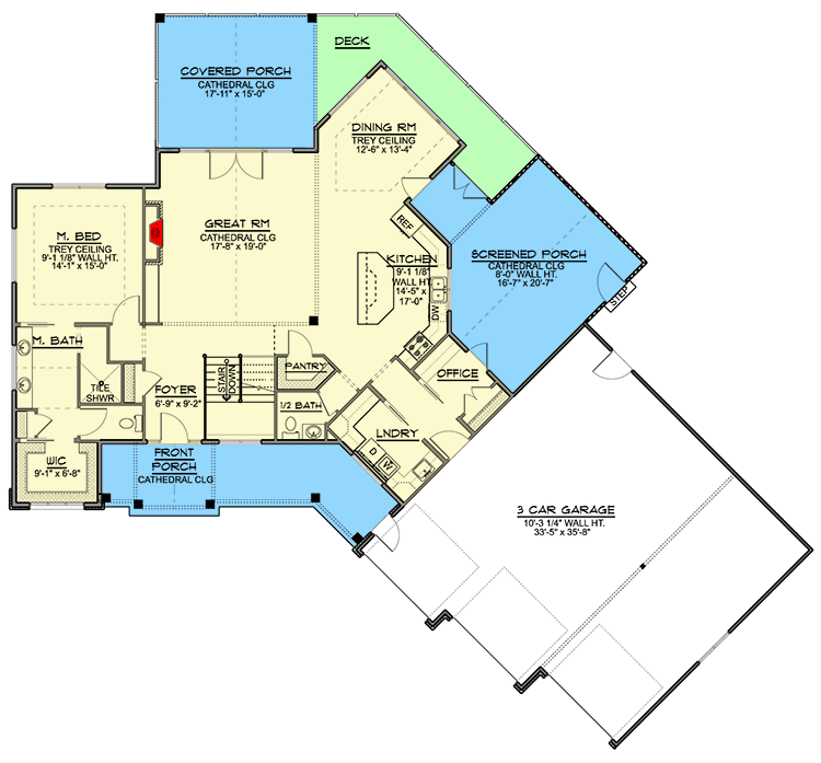 Plan 135016GRA: Modern Farmhouse Plan with Angled Garage and Screened Porch - Floor Plan - Main Level - Country, Farmhouse, New American