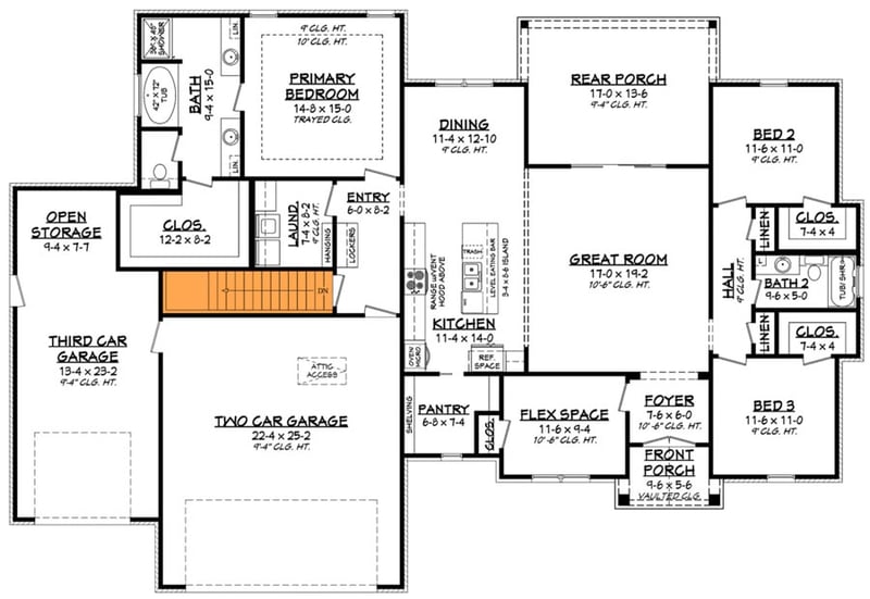 Plan 51849HZ: 3 Bed Contemporary Craftsman with 3 Car Garage - 2002 Sq Ft - Floor Plan - Basement Stair Location - Country, Craftsman, New American