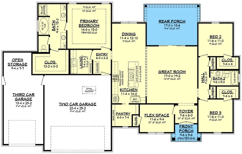 Plan 51849HZ: 3 Bed Contemporary Craftsman with 3 Car Garage - 2002 Sq Ft - Floor Plan - Main Level - Country, Craftsman, New American