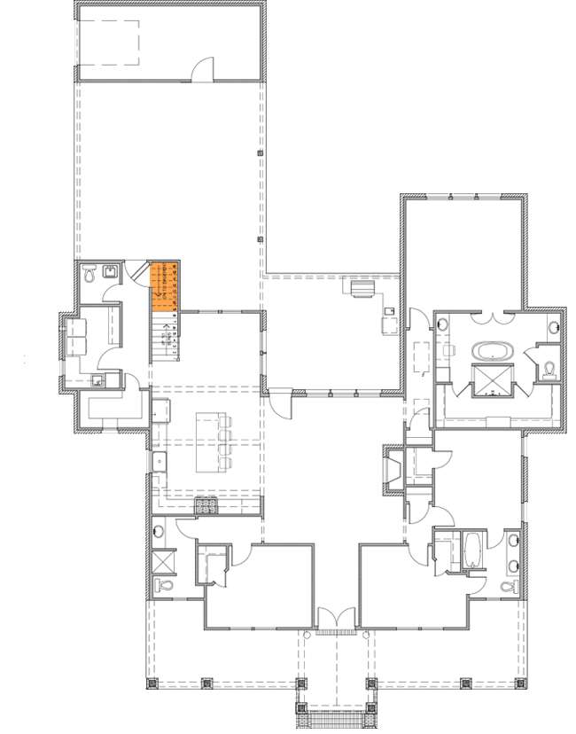 Plan 56487SM: 4-Bed Country Farmhouse with Board and Batten and Brick Exterior - Floor Plan - Main Level - Basement Stairs Location - Country, Farmhouse, Hill Country, New American