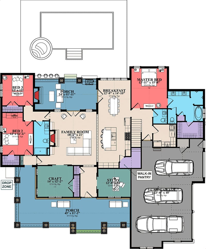 Plan 86350HH: One-level New American Home Plan with Bonus Level above Garage - Floor Plan - Main Level - New American, Southern, Traditional