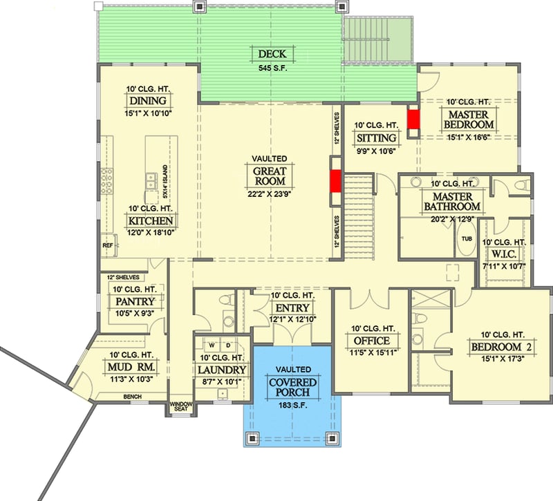Plan 365008PED: Mountain Craftsman Home Plan with Angled RV-friendly Garage for a Rear-sloping Lot - Floor Plan - Main Level - Country, Mountain, New American, Northwest