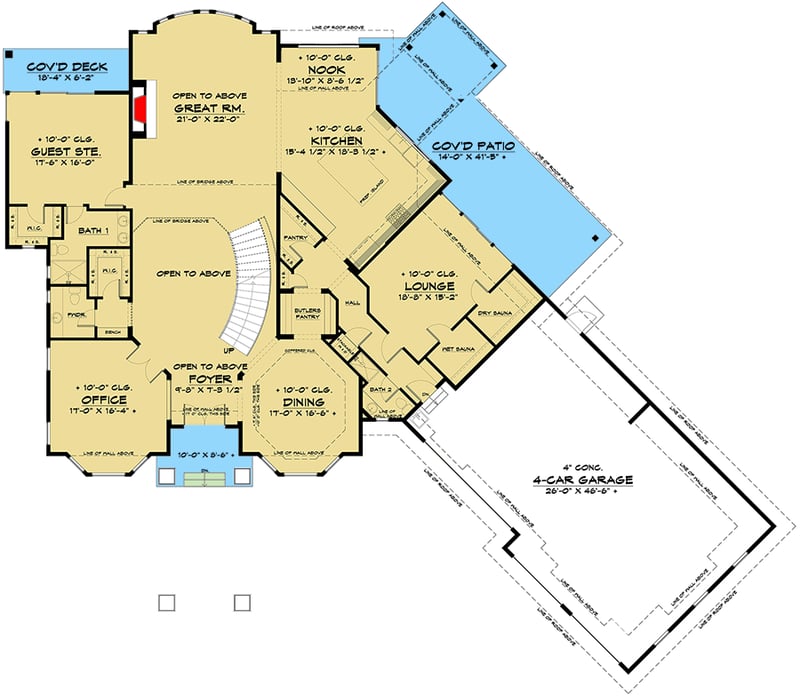 Plan 666108RAF: Luxury Mediterranean Home Plan with Angled 4-Car Garage - Floor Plan - Main Level - Contemporary, Mediterranean, Northwest