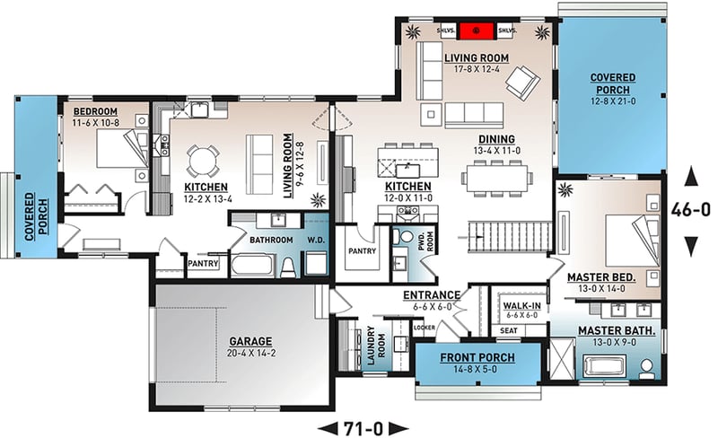 Plan 22587DR: Multi-Generational One-story New American House Plan - Floor Plan - Main Level - New American, Ranch