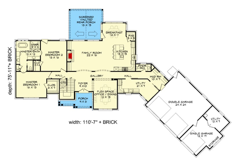 Plan 68721VR: 3-Bed Brick and Shingle Country Home Plan with Angled 3-Car Garage - Floor Plan - Main Level - Country, Traditional