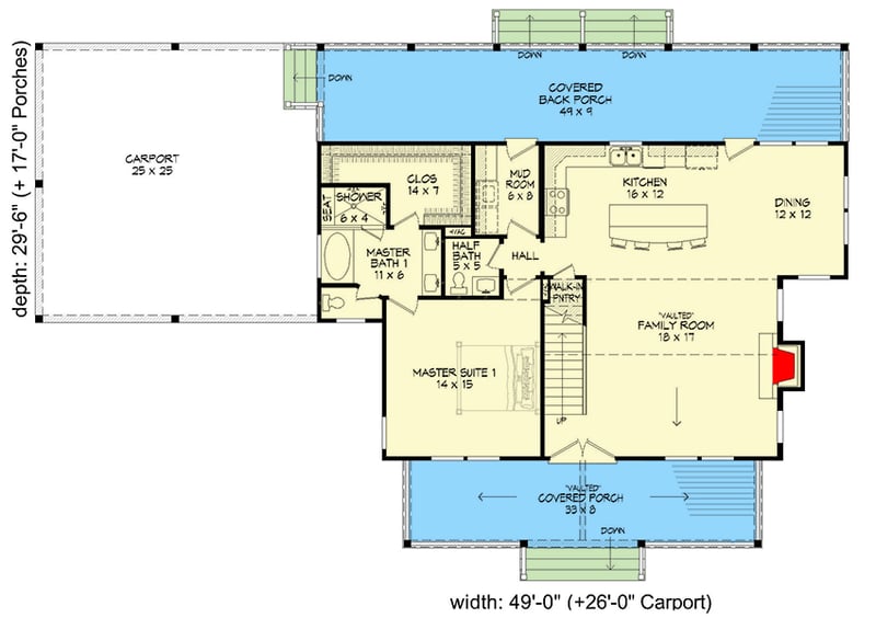 Plan 68735VR: 3-Bed Country House Plan with 2-Car Carport - Floor Plan - Main Level - Country, Traditional