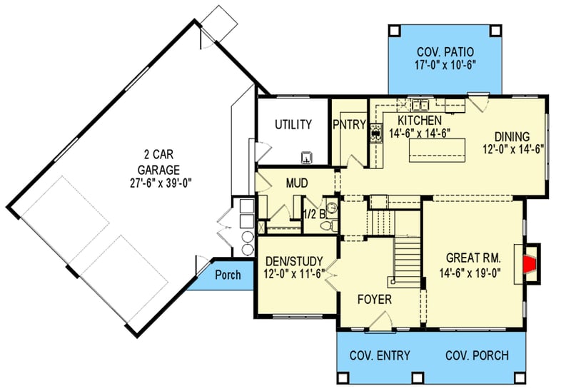 Plan 290116IY: Two-story Craftsman House Plan with Angled Garage - Floor Plan - Main Level - Craftsman, Northwest