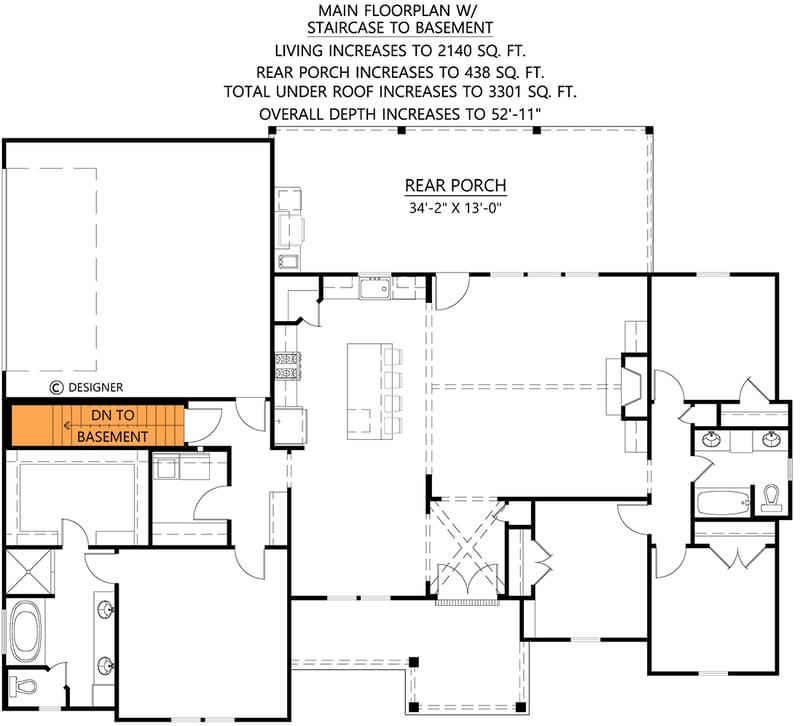 Plan 56493SM: 4-Bed New American House Plan with Outdoor Kitchen and 2-Car Garage - 2035 Sq Ft - Floor Plan - Basement Stairs Location - Country, Modern Farmhouse, New American, Ranch, Southern, Traditional