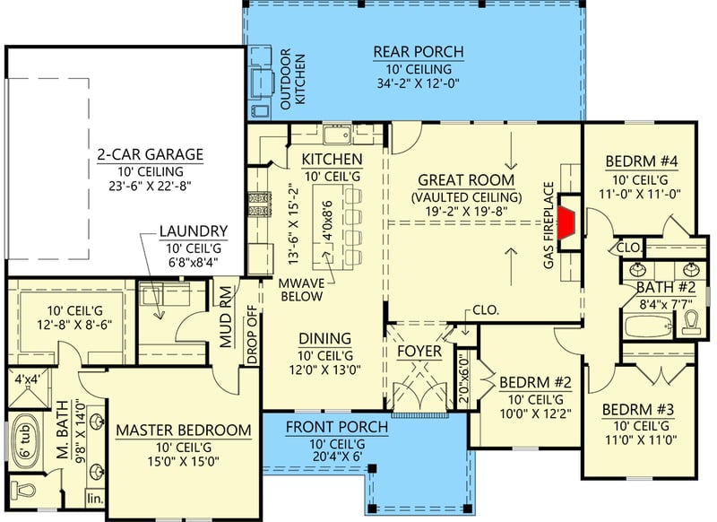 Architectural floor plan of a house with four bedrooms, two bathrooms, a kitchen, dining room, and garage.