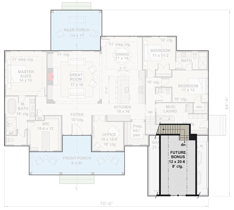 Plan 14692RK: Attractive 3-Bed Modern Farmhouse Plan with Home Office - 2385 Sq Ft - Floor Plan - Bonus Level - Country, Farmhouse, Modern Farmhouse, Southern