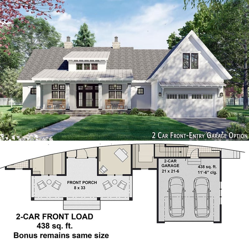 Plan 14692RK: Attractive 3-Bed Modern Farmhouse Plan with Home Office - 2385 Sq Ft - Floor Plan - Optional 2-Car Front Load - Country, Farmhouse, Modern Farmhouse, Southern