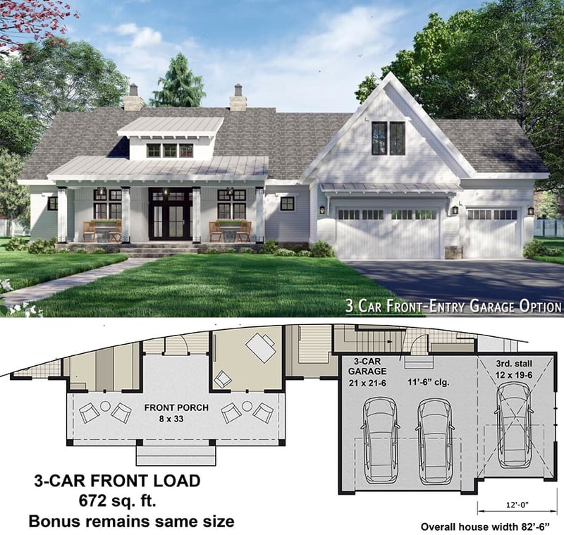 Plan 14692RK: Attractive 3-Bed Modern Farmhouse Plan with Home Office - 2385 Sq Ft - Floor Plan - Optional 3-Car Front Load - Country, Farmhouse, Modern Farmhouse, Southern