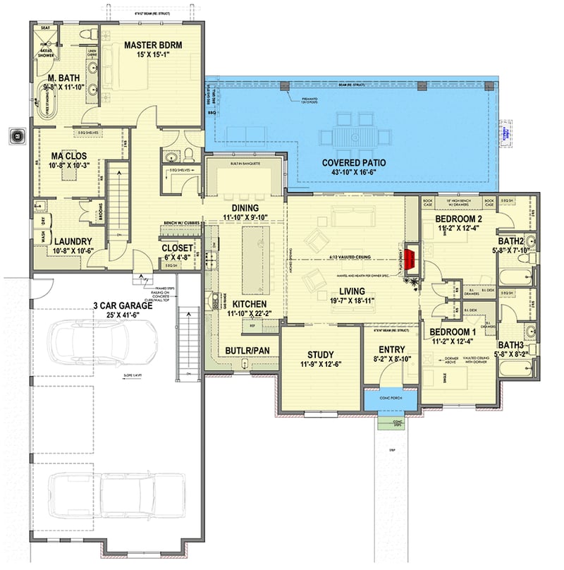 Plan 64513SC: Exclusive French Country House Plan with Snack Bar in Lower Level Rec Room - Floor Plan - Main Level - Acadian, European, French Country, Louisiana-Style, Southern, Transitional