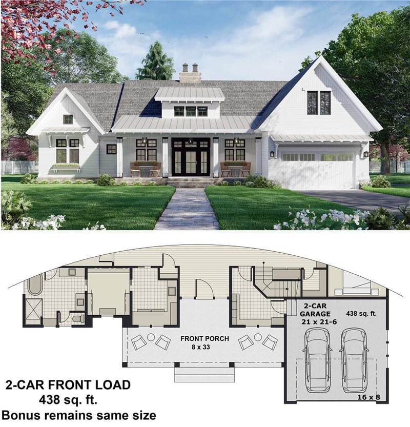 Plan 14694RK: 3-Bed Modern Farmhouse with Home Office and Great Master Suite - 2419 Sq Ft - Floor Plan - 2-Car Front Garage Option - Country, Craftsman, Modern Farmhouse, New American