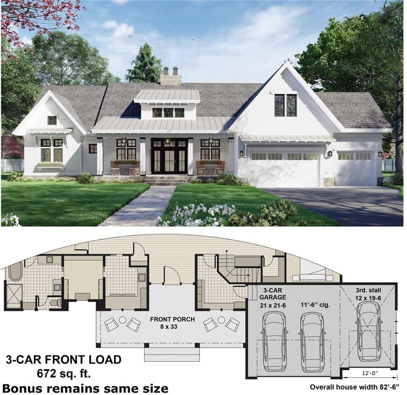 Plan 14694RK: 3-Bed Modern Farmhouse with Home Office and Great Master Suite - 2419 Sq Ft - Floor Plan - 3-Car Front Garage Option - Country, Craftsman, Modern Farmhouse, New American