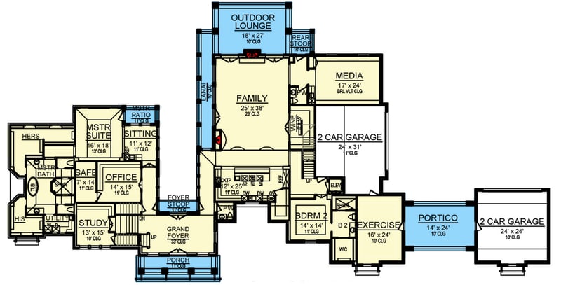 Plan 36646TX: Mediterranean House Plan with 33'-High Ceilings in the Foyer and Two Bonus Rooms - Floor Plan - Main Level - European, Mediterranean, Spanish