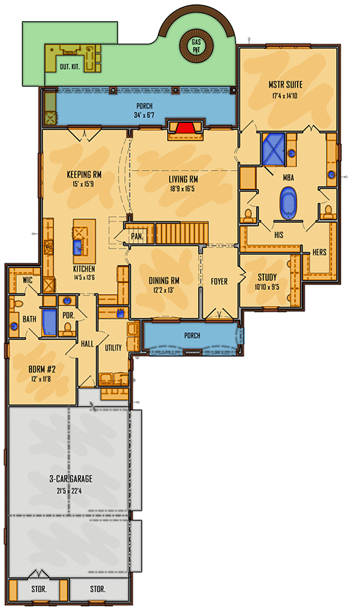 Plan 510184WDY: Brick-clad Two-story House Plan with Future Media Expansion - Floor Plan - Main Level - Acadian, European, French Country, Louisiana-Style, Southern